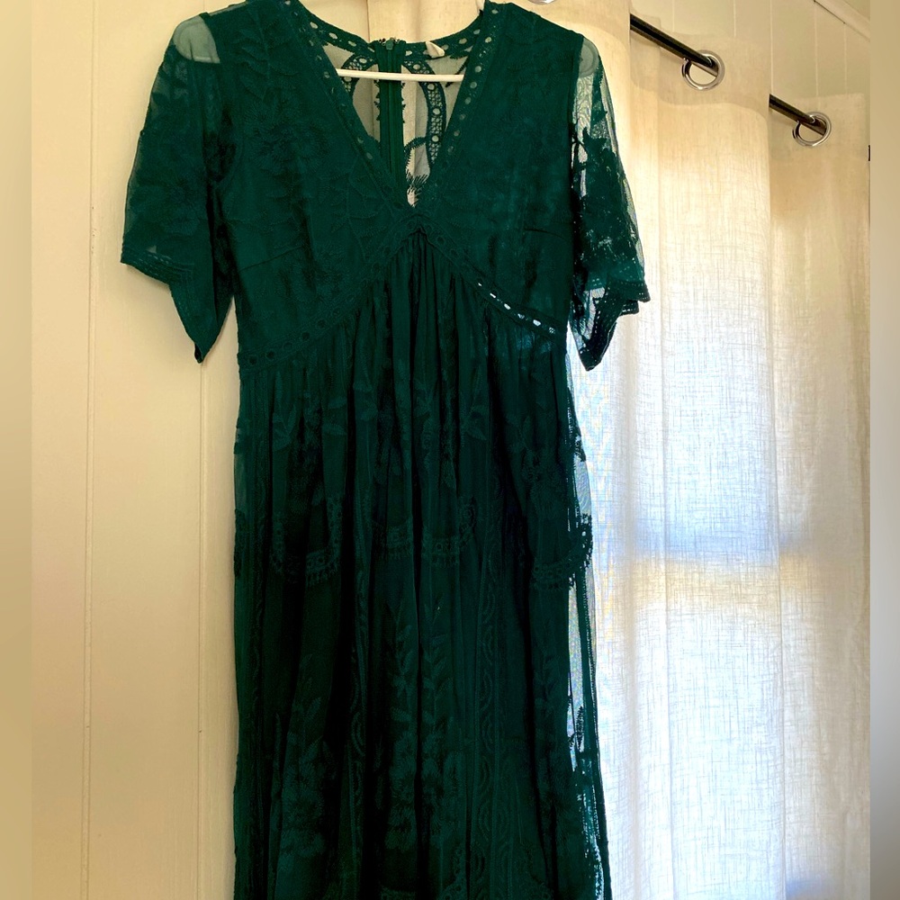 Pink Blush green lace overlay maxi dress/ maternity size S